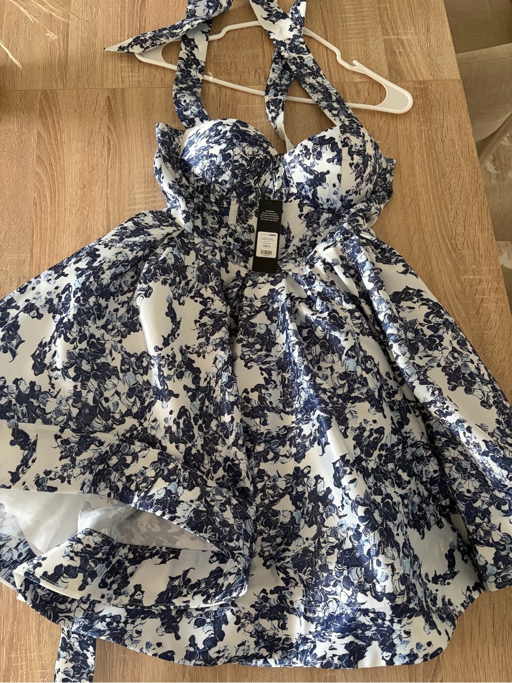 Fashion Nova Navy and White Floral Halter Fit-and-Flare Dress